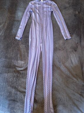 Women Lilac Sheer Long-Sleeve Jumpsuit Large